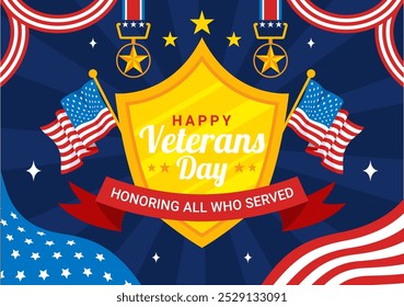 Happy Veterans Day Vector Illustration on November 11 featuring the USA Flag and Soldiers, Honoring All Who Served in a Flat Style Cartoon Background