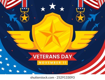 Happy Veterans Day Vector Illustration on November 11 featuring the USA Flag and Soldiers, Honoring All Who Served in a Flat Style Cartoon Background