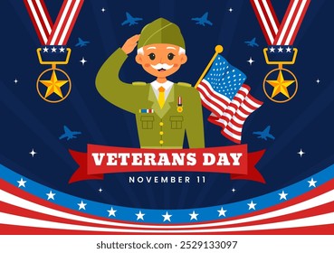 Happy Veterans Day Vector Illustration on November 11 featuring the USA Flag and Soldiers, Honoring All Who Served in a Flat Style Cartoon Background