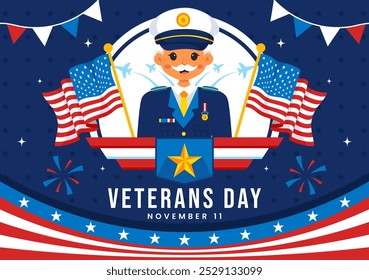 Happy Veterans Day Vetor Illustration em 11 de novembro apresentando a bandeira e os soldados dos EUA, homenageando todos que serviram em um plano de fundo de desenhos animados de estilo plano