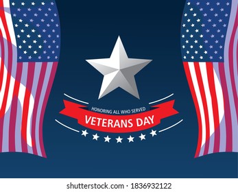 happy veterans day, waving flags star lettering and ribbon vector illustration