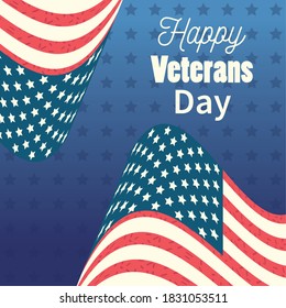 happy veterans day, waving United States flags on star blue background vector illustration