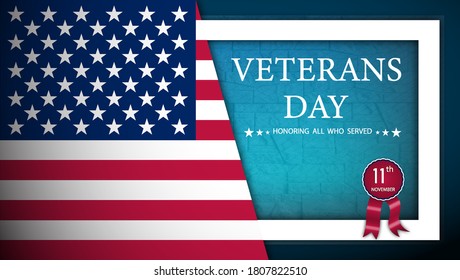 Happy veterans day web banner with American flag and memorial wall in background. American flag flutters in wind. Vector