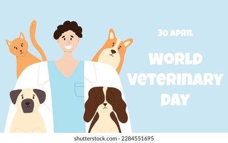 Happy veterinarian with happy cat and dogs. Animal care vector illustration. Flat style. Man veterinary doctor.Banner to World Veterinary Day.