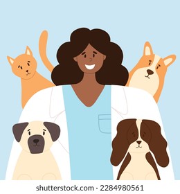 Happy veterinarian with happy cat and dogs. Animal care vector illustration. Flat style. Girl veterinary doctor.Banner to World Veterinary Day.