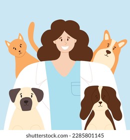 Happy veterinarian with happy cat and dogs. Animal care vector illustration. Flat style. Girl veterinary doctor.Banner to World Veterinary Day.