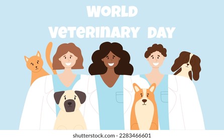 Felices veterinarios con gatos y perros felices. ilustración vectorial de cuidado animal. estilo plano. Chicas y veterinarias.