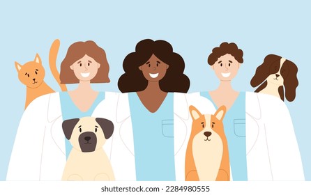 Happy veterinarians with happy cat and dogs. animal care vector illustration. flat style. Girls and guy veterinarian. Banner for World Veterinary Day.