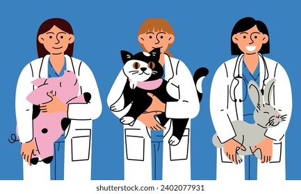 Happy veterinarians with a happy variety of pets in their arms. Vector illustration of animal care. Flat style. Veterinarian girls with animals pig, rabbit, cat. International Veterinarian's Day