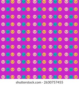 Happy vibes! Seamless pattern of colorful smiley faces in pink, teal, and orange on a vibrant purple background. Fun, cheerful, and perfect for kids' items, party decor, or joyful graphic design.