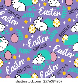 Happy Vibrant Easter with Decorative Elements. The seamless design includes festive "Easter" and "Happy Easter" typography, perfect for seasonal decorations, gift wraps, or digital projects.