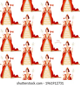 Happy Victoria Day! Canadian public holiday. Queen Victoria holds the Canadian flag in her hand. Seamless background pattern. Vector illustration 