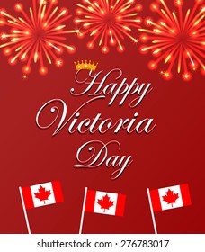 Happy Victoria Day Card With Canada Flags And Fireworks, Vector 