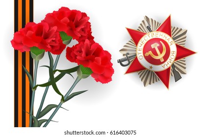 Happy Victory Day red star card. Greeting medal with inscription Patriotic war for great war veterans. Striped ribbon of St. George. 9 may, realistic bouquet carnation. Vector illustration banner.