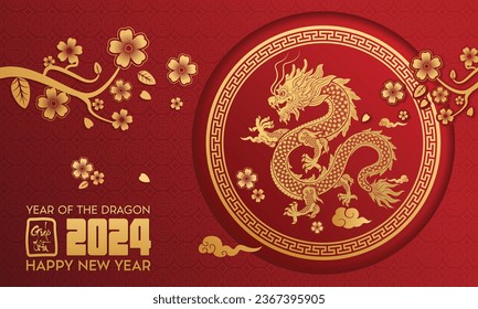 Happy Vietnamese new year 2024 the dragon zodiac sign with flower,lantern,asian elements gold paper cut style on color background. ( Translation : happy new year 2024 year of the dragon )