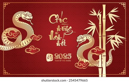 Happy Vietnamese new year 2025 the snake zodiac sign with bamboo, Asian elements red paper cut style on color background. ( Translation : happy new year 2025 year of the snake )​