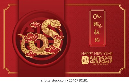 Happy Vietnamese New Year 2025. Snake zodiac with cloud on red background for card design. Viet Nam lunar calendar animal