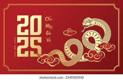 Feliz año Nuevo vietnamita 2025. Zodiaco de la serpiente con la nube en el fondo rojo para el diseño de tarjeta. Animales del calendario lunar de Vietnam. (Traducción: Feliz año nuevo 2025 año de la serpiente )​