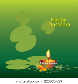 Happy Vijayadashami Aapta leaves arranged randomly with English text, earthen lamp marigold flower on green color background. 