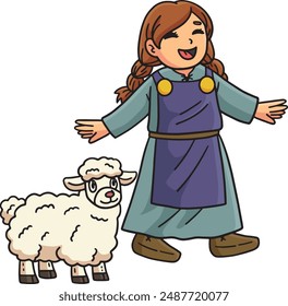 Happy Viking Girl with a Sheep Cartoon Clipart 