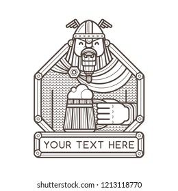 Happy viking holding a wooden mug of beer. Bar or pub black logotype