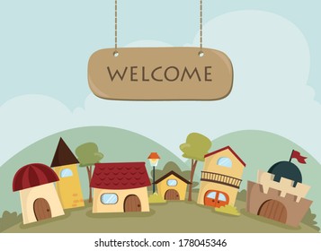 Happy Village Background With Welcome Sign