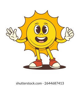 Happy vintage sun mascot smiling and waving while showing thumbs up. Suitable for summer, vacation, weather, and positive branding projects. Vector illustration