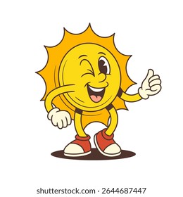 Feliz vintage mascote do sol piscando e mostrando um gesto polegares para cima com confiança. Adequado para temas de verão, projetos de férias, marca e projetos lúdicos. Ilustração vetorial
