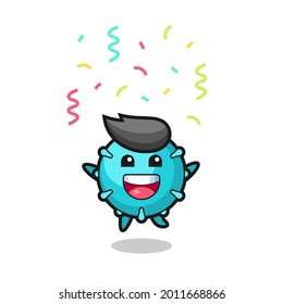 happy virus mascot jumping for congratulation with colour confetti , cute style design for t shirt, sticker, logo element