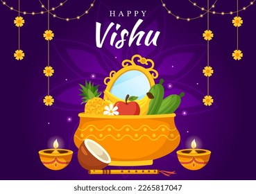 Happy Vishu Festival Illustration with Traditional Kerala Kani, Fruits and Vegetables for Landing Page in Flat Cartoon Hand Drawn Templates