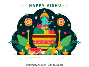 Happy Vishu Festival Vector Illustration with Krishna,Traditional Kerala Kani, Fruits and Vegetables in National Holiday Flat Cartoon Background