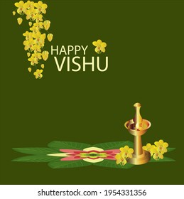 Happy Vishu golden shower flowers with white typography tradional rangoli design and traditional brass lamp on deep green color background