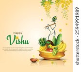 Happy Vishu greetings. April 14 Kerala festival with Vishu Kani, vishu flower Fruits and vegetables in a bronze vessel. abstract vector illustration design