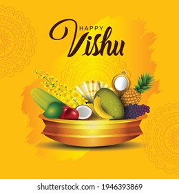 Happy Vishu greetings. April 14 Kerala festival with Vishu Kani, vishu flower Fruits and vegetables in a bronze vessel. vector illustration design