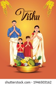 Happy Vishu greetings. April 14 Kerala festival with family Vishu Kani, vishu flower Fruits and vegetables in a bronze vessel. vector illustration design(Malayalam translation: happy vishu)  