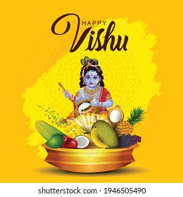 Happy Vishu greetings. April 14 Kerala festival with Vishu Kani, vishu flower Fruits and vegetables in a bronze vessel. vector illustration design (Malayalam translation: happy vishu)