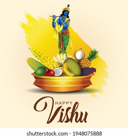 Happy Vishu greetings. April 14 Kerala festival with Vishu Kani, vishu flower Fruits and vegetables in a bronze vessel. vector illustration design (Malayalam translation: happy vishu)