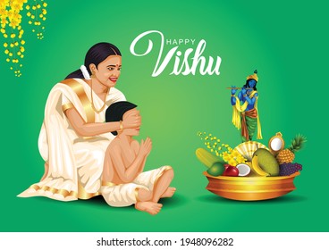 Happy Vishu greetings. April 14 Kerala festival with Vishu Kani, vishu flower Fruits and vegetables in a bronze vessel. vector illustration design (Malayalam translation: happy vishu)