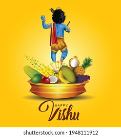 Happy Vishu greetings. April 14 Kerala festival with Vishu Kani, vishu flower Fruits and vegetables in a bronze vessel. vector illustration design (Malayalam translation: happy vishu)