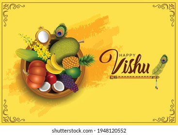 Happy Vishu greetings. April 14 Kerala festival with Vishu Kani, vishu flower Fruits and vegetables in a bronze vessel. vector illustration design