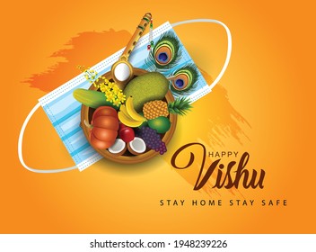Happy Vishu greetings. April 14 Kerala festival with Vishu Kani, vishu flower Fruits and vegetables in a bronze vessel. vector illustration design. covid-19, corona virus concept