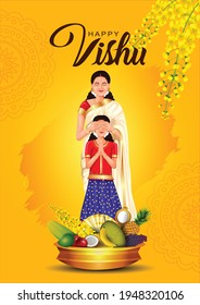 Happy Vishu greetings. April 14 Kerala festival with mother and daughter Vishu Kani, vishu flower and vegetables in a bronze vessel. vector illustration design(Malayalam translation: happy vishu)  