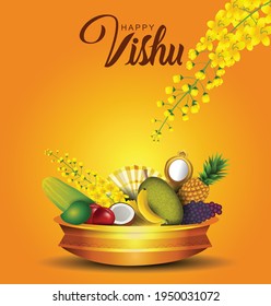 Happy Vishu greetings. April 14 Kerala festival with Vishu Kani, vishu flower Fruits and vegetables in a bronze vessel. vector illustration design