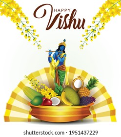 Fröhliche Vishu-Grüße. 14. April Kerala Festival mit Vishu Kani, Vishu Blume Obst und Gemüse in einem Bronzesschiff. Vektorgrafik-Design