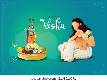 Happy Vishu greetings. April 14 Kerala festival with Vishu Kani, vishu flower Fruits and vegetables in a bronze vessel. vector illustration design (Malayalam translation: happy vishu)