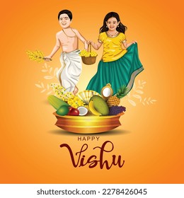 Happy Vishu greetings. April 14 Kerala festival with Vishu Kani, vishu flower Fruits and vegetables in a bronze vessel. vector illustration design