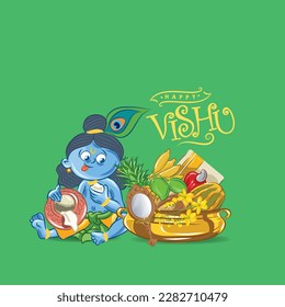 Happy Vishu greetings. April 14 Kerala spring festival with Vishu Kani, vishu flower Fruits and vegetables in a bronze vessel. vector illustration of little Krishna.