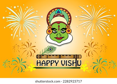 Happy Vishu greetings. April 14 Kerala festival with kathakali, flute, peacock feather, fireworks. vector illustration design (Malayalam translation: happy vishu)