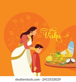 Happy Vishu greetings. April 14 Kerala festival with Vishu Kani, vishu flower Fruits and vegetables in a bronze vessel. vector illustration design
