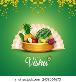 Happy Vishu greetings. April 14 Kerala festival with Vishu Kani, vishu flower Fruits and vegetables in a bronze vessel. vector illustration design